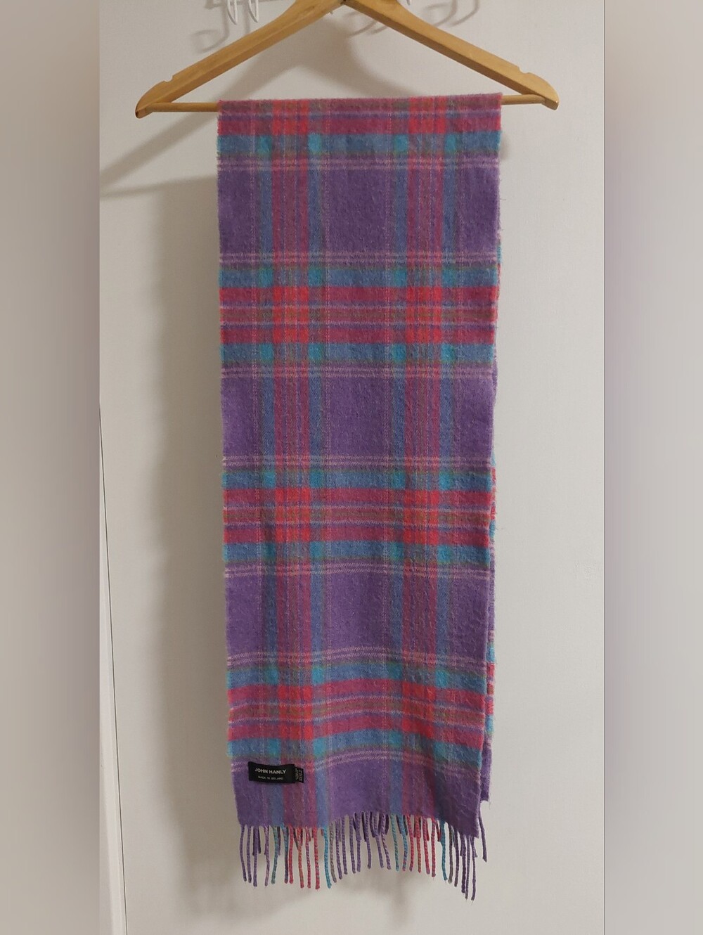 John Hanly Scarf pink & teal Plaid Fringe 100% Extra Fine Merino Wool 11.5"×62"